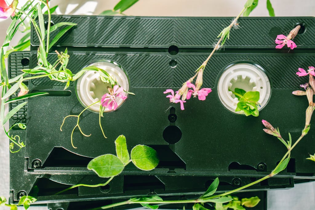 A unique blend of retro technology and nature featuring a cassette tape intertwined with vibrant green plants and flowers.